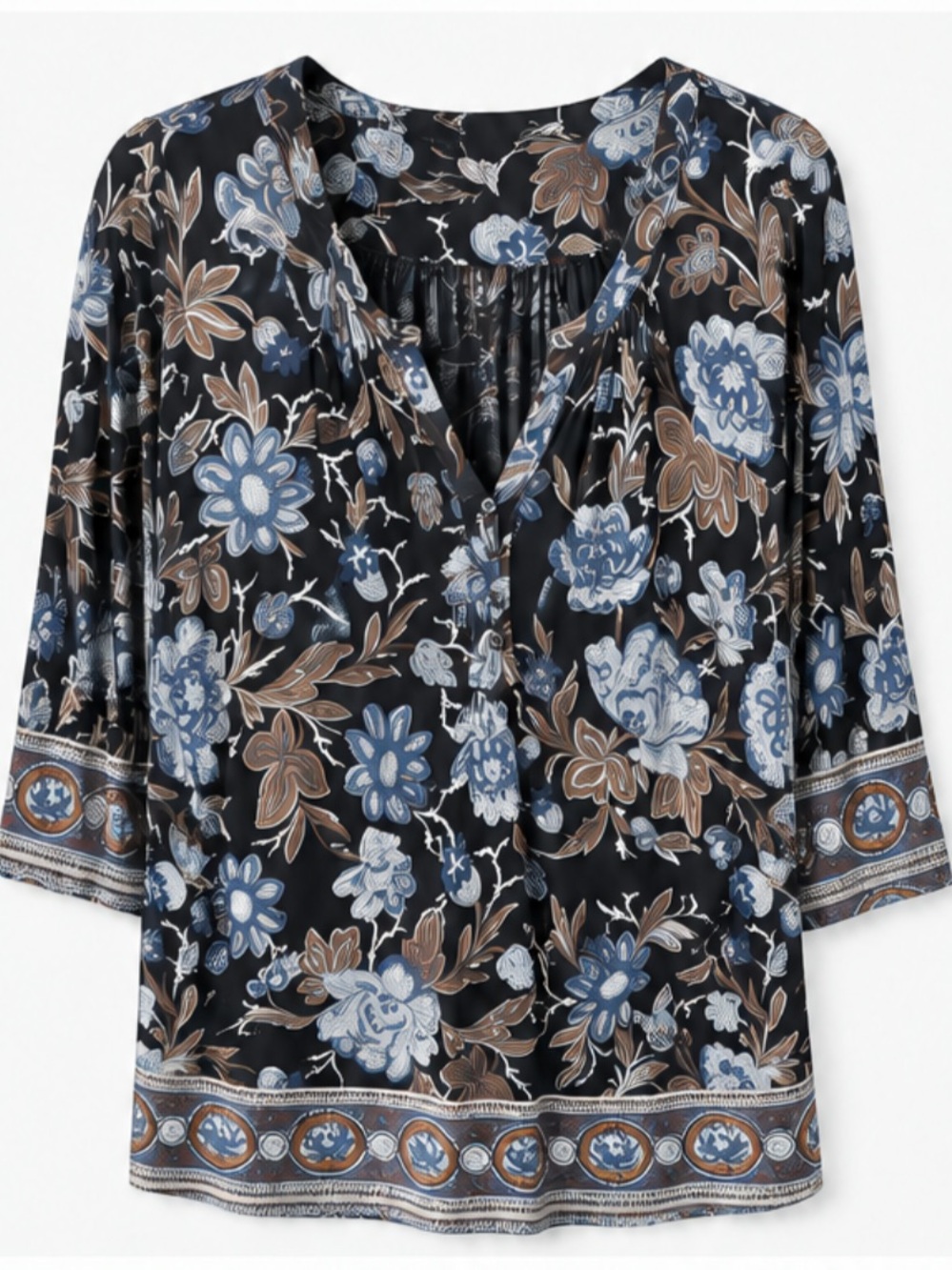 Chico's Black Floral Tunic with Blue and Tan Blooms
